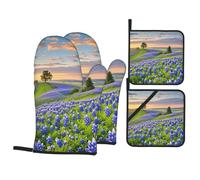Oven Mitts and Pot Holders Set of 4 Heat Resistant Non-Slip Kitchen Gloves Hot Pads Texas Bluebonnets Scenery Oven Mitts Kitchen Mittens Gloves Non-Slip Potholders for Cooking Baking Grilling BBQ