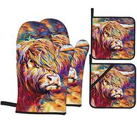 Oven Mitts And Pot Holders Set Of 4 Highland Cow Heat Resistant Kitchen Oven Glove For Cooking Baking Grilling