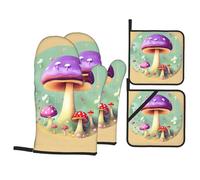 Oven Mitts and Pot Holders Set of 4 - Purple Dream Mushroom Kitchen Essential Gloves Dining Table Protection Pads