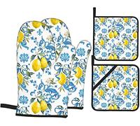 Oven Mitts And Pot Holders Sets 4 Piece,Lemon And Blue Flower Non-Slip Heat Resistant Oven Gloves For Kitchen Cooking