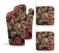 Oven Mitts and Pot Holders Sets 4pcs High Heat Resistant Kitchen Oven Gloves and Hot Pads Burgundy and Brown Oven Mitts Set Non-Slip Waterproof Potholder for Baking Cooking BBQ