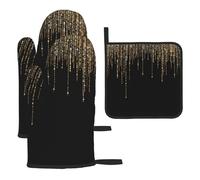 Oven Mitts And Pot Holders Sets,Baking Heat Resistant Non-Slip Glove and Potholder 3 Pcs,Black Gold Sparkly Glitter Fringe