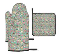 Oven Mitts And Pot Holders Sets,Baking Heat Resistant Non-Slip Glove and Potholder 3 Pcs,Border Terrier Florals Dog Breed Blue
