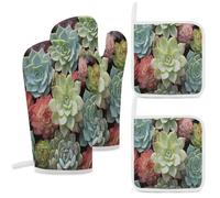 Oven Mitts and Pot Holders Sets Green Succulents Printed Kitchen Oven Mitts Heat Resistant Potholders Non Slip 4 Pcs Hot Pads and Oven Gloves Sets for Cooking Baking