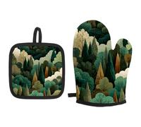 Oven Mitts and Pot Holders Sets, Heat Resistant Potholder Kitchen Decor for Cooking Baking BBQ, Green Woodland Forest Earth Tones Retro (1) Oven Glove Set