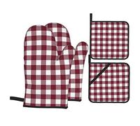 Oven Mitts And Pot Holders Sets, Kitchen Oven Glove and Potholder 4 Pcs For Baking Bbq Buffalo Plaid Gingham Plaid Trend Maroon