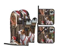 Oven Mitts And Pot Holders Sets, Kitchen Oven Glove and Potholder 4 Pcs For Baking Bbq,Christmas Horse Jack Russell Terrier Puppy Dog