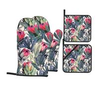 Oven Mitts And Pot Holders Sets, Kitchen Oven Glove and Potholder 4 Pcs For Baking Bbq,Painted Protea Pattern On White Background