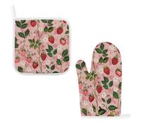 Oven Mitts and Pot Holders Sets of 2 Heat Resistant Oven Mittens Non Slip Kitchen Oven Gloves Peach Strawberry Print Oven Mitts Set Hot Pads Washable Potholders for Cooking Baking Grilling BBQ