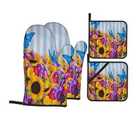 Oven Mitts and Pot Holders Sets of 4,Blossom Sunflower Chrysanthemum Daisy Dahlia Butterflies Spring Nature Scenery,Resistant Hot Pads with Polyester NonSlip BBQ Gloves for Kitchen,Cooking,Baking