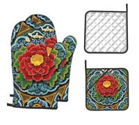 Oven Mitts and Pot Holders Sets of 4 Heat Resistant Kitchen Gloves Chinese pattern Oven Mitts BBQ Gloves Oven Gloves and Hot Pads Non-Slip Potholders for Kitchen Baking Cooking