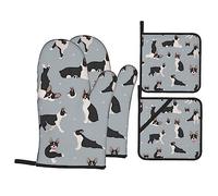 Oven Mitts and Pot Holders Sets of 4, High Heat Resistant Kitchen Yoga Boston Terrier Oven Glove with Hot Pads for Baking, Garden, Labor Day Essentials