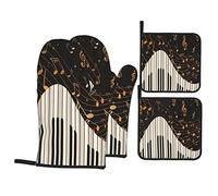 Oven Mitts and Pot Holders Sets of 4,Music Piano Black and White Keys Melody Clef,Resistant Hot Pads with Polyester NonSlip BBQ Gloves for Kitchen,Cooking,Baking,Grilling