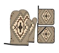 Oven Mitts and Pot Holders Sets of 4,Primitive Culture Pattern Native American Ornament Orient Tribal Elements,Resistant Hot Pads with Polyester NonSlip BBQ Gloves for Kitchen,Cooking,Baking,Grilling