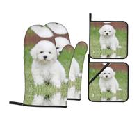 Oven Mitts And Pot Holders Sets,Slip Cooking Bichon Frise Dog Print Gloves,Kitchen Oven Glove High Heat Resistant