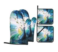 Oven Mitts And Pot Holders Sets,Slip Cooking Cute Peacock Print Gloves,Kitchen Oven Glove High Heat Resistant