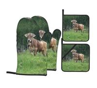 Oven Mitts And Pot Holders Sets,Slip Cooking Real Swiss Cow Brown Print Gloves,Kitchen Oven Glove High Heat Resistant