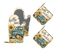 Oven Mitts and Pot Holders Sets Sunflower Truck Butterfly Silicone Kitchen Mits Potholders Hello Sunshine Heat Resistant 4Pcs Oven Gloves Hot Pads for Baking Cooking BBQ Grilling Home Decor
