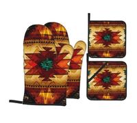Oven Mitts And Pot Holders Southwestern Native American Aztec Ethnic Navajo Retrona Tribal Set Of 4 Oven Gloves Waterproof Gloves For Cooking For Pizza Microwave Grilling