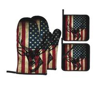 Oven Mitts And Pot Holders Vintage Deer Hunting American Flag Potholders Soft Gloves With Placemat Cotton Lining Pot Holders For Cooking Loves Bbq Set Of 4