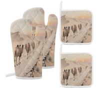 Oven Mitts And Potholders Set of 4 Heat Resistant Camel Bells on The Ancient Road Pattern Oven Mitts for Baking Kitchen Outdoor BBQ Cookouts