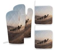 Oven Mitts And Potholders Set of 4 Heat Resistant Camel Caravan in The Desert at Dawn Pattern Oven Mitts for Baking Kitchen Outdoor BBQ Cookouts