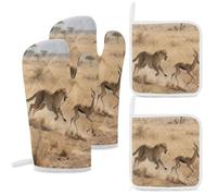 Oven Mitts And Potholders Set of 4 Heat Resistant Cheetahs Hunting Antelopes Pattern Oven Mitts for Baking Kitchen Outdoor BBQ Cookouts