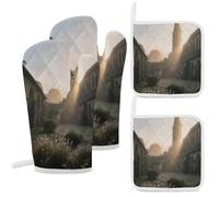 Oven Mitts And Potholders Set of 4 Heat Resistant Morning Light Monastery Pattern Oven Mitts for Baking Kitchen Outdoor BBQ Cookouts