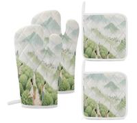 Oven Mitts And Potholders Set of 4 Heat Resistant Mountain Tea Plantation Pattern Oven Mitts for Baking Kitchen Outdoor BBQ Cookouts