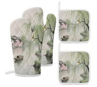 Oven Mitts And Potholders Set of 4 Heat Resistant Spring Orioles on The Willow Bank Pattern Oven Mitts for Baking Kitchen Outdoor BBQ Cookouts
