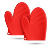 Oven Mitts Heat Resistant Silicone Kitchen Gloves for 550 Degrees with Waterproof and Non-Silp, Set of 2 Oven Gloves for Baking Cooking Barbecue Microwave Machine Washable -Length 8.66in (red)