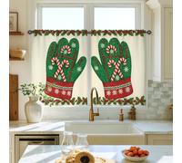 Oven Mitts Kitchen Curtains, Christmas Festive Candy Canes Holly Xmas Green Cafe Curtain Panels with Rod Pocket for Laundry Room Sink Area Hallway Apartment Window Decor 28x39 Inch