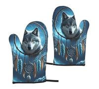 Oven Mitts Set of 2 Non-Slip Oven Gloves for Kitchen 3D Wolf Dream Catcher Oven Mitt Heat Resistant Oven Glove for Cooking Microwave Baking BBQ