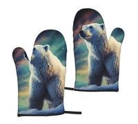 Oven Mitts Set of 2 Non-Slip Oven Gloves for Kitchen Northern Lights Polar Bear Oven Mitt Heat Resistant Oven Glove for Cooking Microwave Baking BBQ