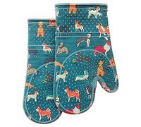 Oven Mitts Set of 2 with Transparent Clear Silicone Shell and Nice Dog Printing Cotton Lining, Heat Resistant to 500 F Kitchen Oven Gloves Pot Holder for Cooking (Blue)