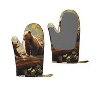 Oven Mitts Sets of 2 Heat Resistant Kitchen Gloves Cute Bears Play in The Tree Oven Mitts BBQ Oven Gloves Non-Slip Silicone Oven Mitts Waterproof Cooking Safety Gloves for Kitchen Baking Cooking