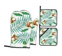 Oven Summer Coconut Tree Print Mitts And Pot Holders 4 Pcs Set,Heat Resistant Waterproof Cooking Gloves For Baking Grilling