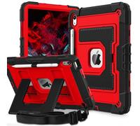 Ovenoe Kids Case for iPad (A16) 11th Generation (11-inch, 2025)/iPad 10th Generation (10.9-inch, 2022), with Shoulder Strap, Fully-Body Rugged Shockproof Case with Built-in Stand, Black+Red
