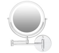 OVENTE 9.6" Lighted Wall Mount Makeup Mirror, 1X & 7X Magnifier, Adjustable Double Sided Round LED, Extend, Retractable & Folding Arm, Compact & Cordless, Battery Powered Polished Chrome MFW85CH1X7X