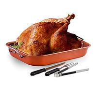 OVENTE Stainless Steel Roasting Pan with V-Shape Rack and Carving Set, 15x11.75 Inch Nonstick Roaster Tray, Oven & Dishwasher Safe Bakeware Dish for Turkey, Roasted Chicken or Beef, Copper CWR24619CO