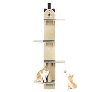 Over Door Cat Tree with Scratching Post, 4-Tier Hanging Cat Climber with Pads & Toy Ball, Space-Saving Cats Door Hanger for Indoor Cats, Wooden Vertical Cat Shelf Tower