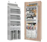 Over Door Storage Organizer - Extra Large Over Door Hanging Storage Clear Window with 2 Hooks & 5 Compartments & 10 Mesh Side Pockets for Bedroom or Nursery Nappy & Toy Storage, 53 Inch Height (Grey)