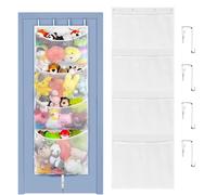 Over Door Toy Storage - Stuffed Animal Organiser with 4 Expandable Mesh Pockets, Breathable Hanging Kid Plush Net Hammock Baby Toy Holder with Hooks, for Wardrobe, Nursery, Bedroom, Bathroom, White