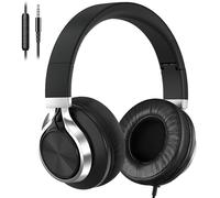Over Ear Headphones Wired with Microphone - Noise Isolating Corded Headphones with Protein Leather Ear Cushions for Teens Adults,Fordable Head phones with Golded 3.5 mm Jack for Laptop (Black)