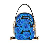over Shoulder Handbags Lady Blue Roses Quilted Cell Phone Wallet Chain Purse Cute Zipper Satchel Crossbody Tote, 5.9" × 8.3" × 3.1"