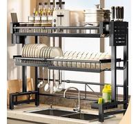Over Sink Dish Drainer Drying Rack, 2 Tier Large Capacity Dish Rack, Adjustable Length (23.6'' to 39.3'') Kitchen Rack, Multifunctional Expandable Counter Organizer, Space Saver Dish Rack, Bl