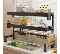 Over Sink Dish Drying Rack, 2-Tier Space-Saving Kitchen Sink Organizer with Cutlery Holder, Hooks & Drain Tray, White (86cm)