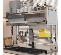 Over Sink Dish Drying Rack - Large Carbon Steel Kitchen Countertop Drainer with Lid, 41.3in Dish Strainer for Plates, Bowls, and Cutlery, Space-Saving Design