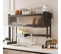 Over Sink Dish Drying Rack, Large Carbon Steel Kitchen Dish Drainer with Lid, 29.5in Countertop Strainer for Bowls, Plates & Cutlery - Black, Space-Saving Design