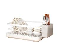 Over Sink Dish Rack - Space-Saving Kitchen Drying Rack with Drip Tray & Removable Cutlery Holder, Durable Scratch-Resistant ABS, White (34x26x15CM)
